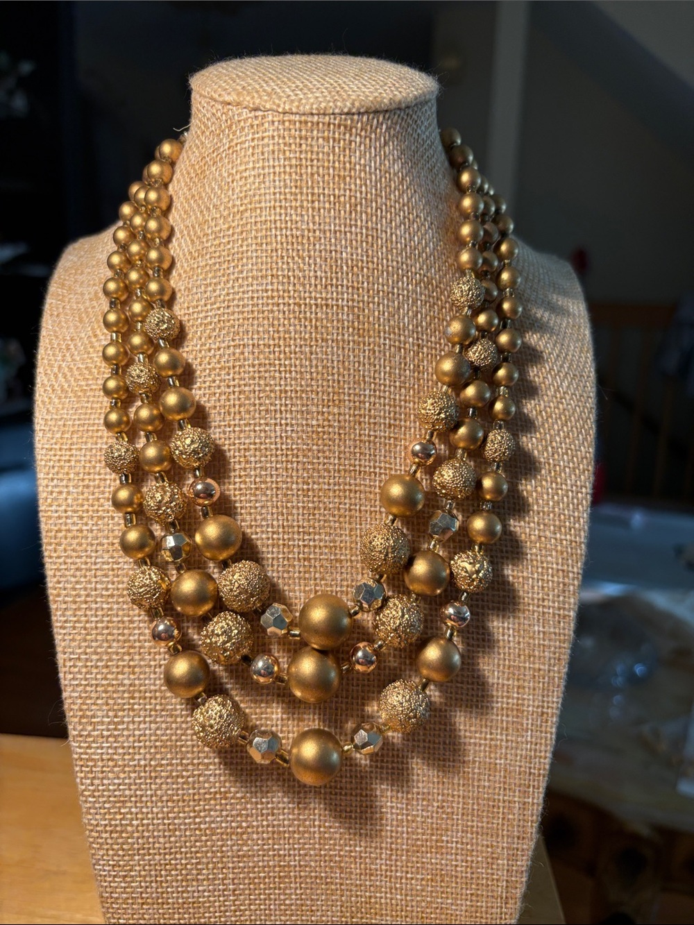 0163) Triple-Strand Gold Beaded Necklace